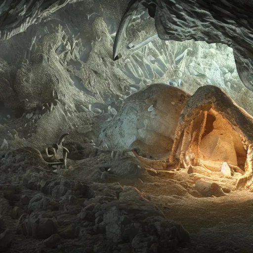 Prompt: photorealistic dinosaur skeleton inside a geode of crystals, volumetric lighting