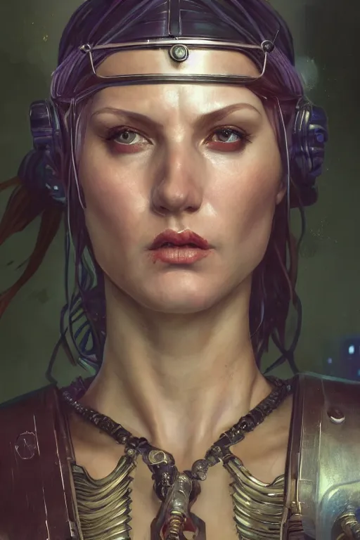 Image similar to A film still of a cyberpunk woman as a Roman Caesar, highly detailed, digital painting, artstation, concept art, sharp focus, illustration, cinematic lighting, art by artgerm and greg rutkowski and alphonse mucha diffuse lighting, fantasy, intricate, elegant, highly detailed, lifelike, photorealistic, digital painting, artstation, illustration, concept art, smooth, sharp focus, art by John Collier and Albert Aublet and Krenz Cushart and Artem Demura and Alphonse Mucha