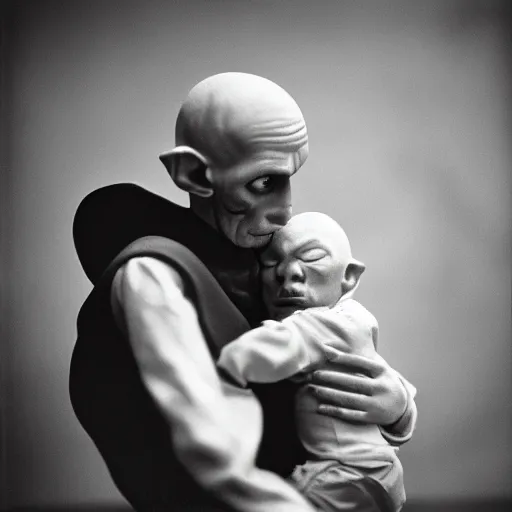 Image similar to portrait of nosferatu playing with his kid, realistic detailed photography, kodak 5 2 1 9 film, 5 0 mm lens