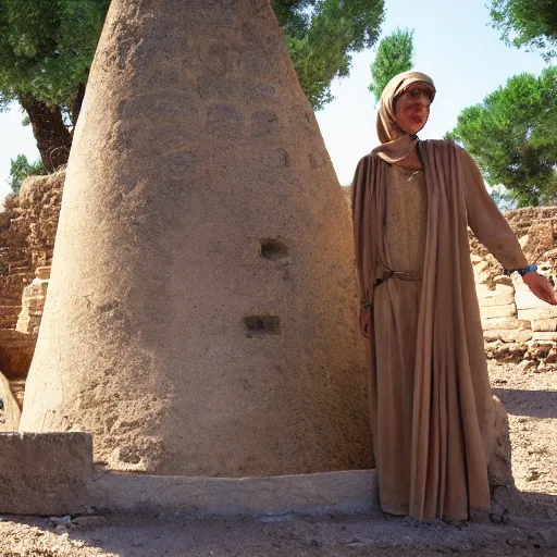 Prompt: 22 year old Mediterranean woman in ancient Canaanite clothing next to an ancient well in a movie directed by Steven Spielberg, movie still frame, promotional image, imax 70 mm footage