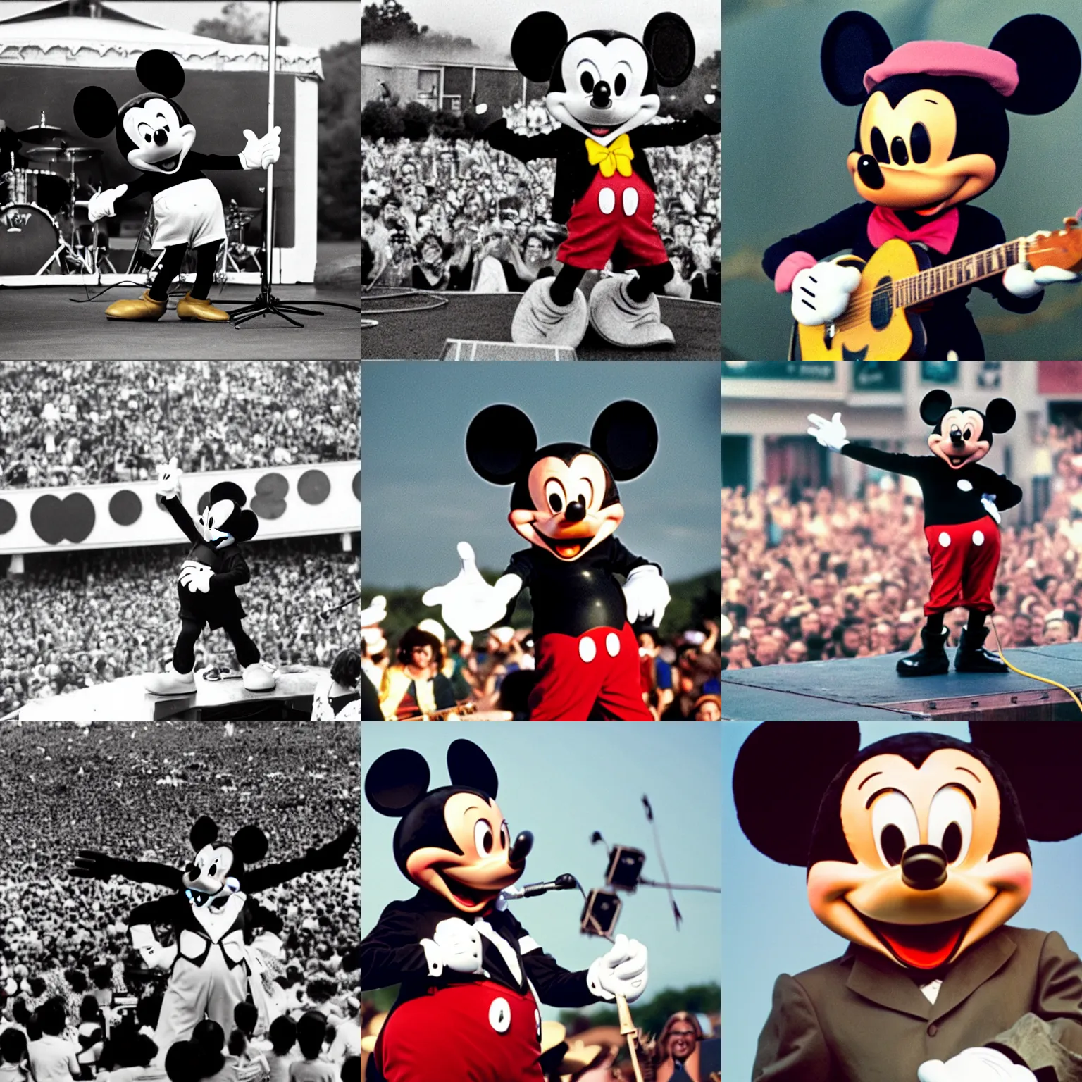 Prompt: mickey mouse performing at woodstock