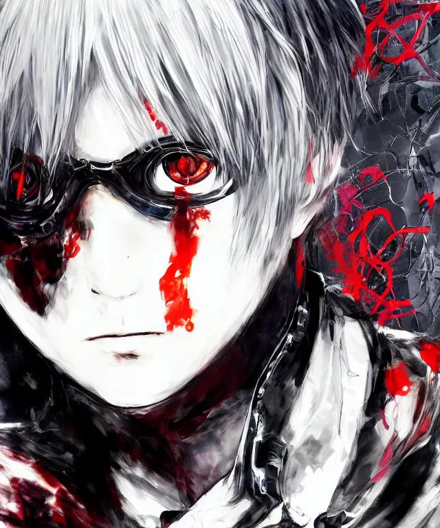 Prompt: ken kaneki, one - eye king, tokyo ghoul, collaborative painting by greg ruthowski, yoshikata amano, yoji shinkawa, highly detailed, complex, exquisite and beautiful, 4 k, 8 k, artstation