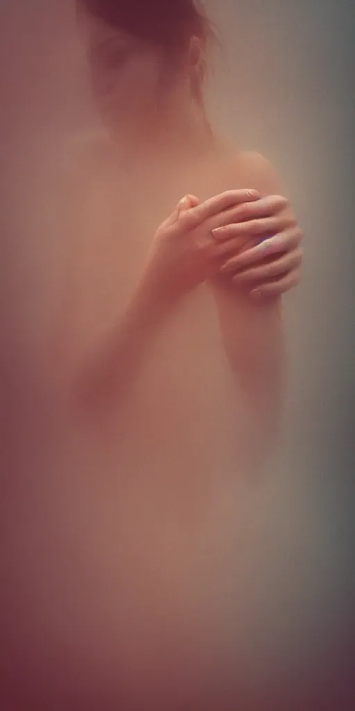 Image similar to a blurry closeup picture of woman's skin gripped tightly, female bodies, hands, dripping wet, macro photography, long exposure photograph, surrealism, anamorphic bokeh, cozy, soft light, cyan and orange, caustic, atmospheric fog, octane render, cinematic