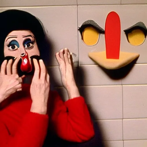 Image similar to 1972 woman on tv show with a long prosthetic snout nose, big nostrils, wearing overalls in the city 1972 color archival footage color film 16mm Fellini Almodovar John Waters Russ Meyer with hand puppet