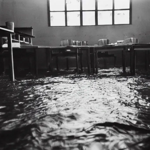 Prompt: photo of a classroom, the floor is flooded with one meter deep water. a mysterious dark monster is visible in the distance. eerie