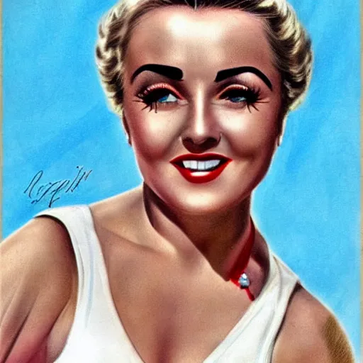 Prompt: a 1 9 3 0 s ultra - realistic color portrait. happy, healthy, beautiful, smiling, young, sporty, blonde, blue - eyed symmetric liz taylor in decent athletic wear. hyper - realistic detailed drawing