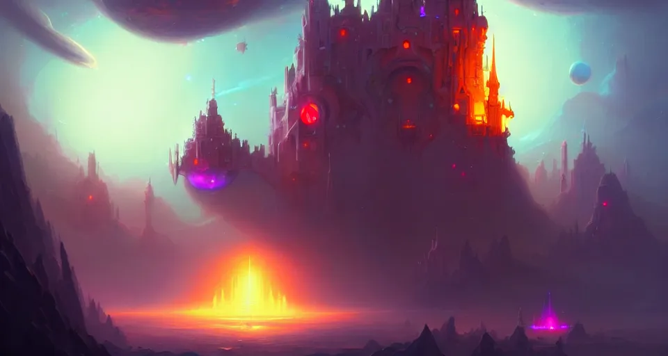 Prompt: space castle by peter mohrbacher, vivid colors, matte painting, 8K, concept art, mystical color scheme, trending on artstation, unreal engine