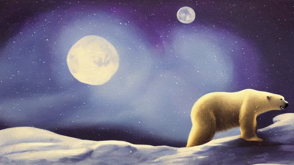 Image similar to an oil painting of a close - up polar bear traversing a snowy landscape at night, the northern lights and the moon are visible