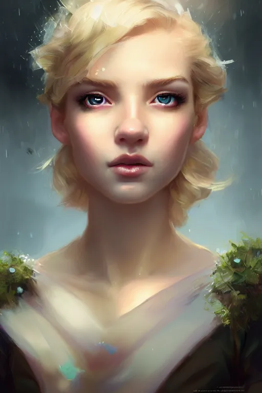 Image similar to cinematic shot of an epic portrait of a cute blonde fairy dressed in military clothes, stylised military clothes, shiny skin, beautiful eyes, beautiful, small details, night setting, realistic poster with volumetric light from craig mallism, artgerm, jeremy lipkin and michael garmash, unreal engine, radiant light, digital art, trends at art station, a masterpiece