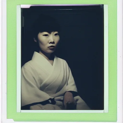 Image similar to polaroid of a young japanese woman on a train at night