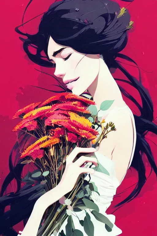 Image similar to a ultradetailed painting of a stylish girl holding a bouquet of flowers by conrad roset, greg rutkowski and makoto shinkai trending on artstation