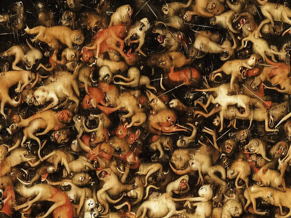 Prompt: close up of dogs in a moshpit at a metal festival jumping and growling at each other, by hieronymus bosch