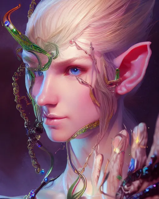 Image similar to portrait of elf, beautiful, fantasy, colorful, cinematic lighting, artstation, trending, highly detailed, focus, smooth, by hirohiko araki and yoshitaka amano