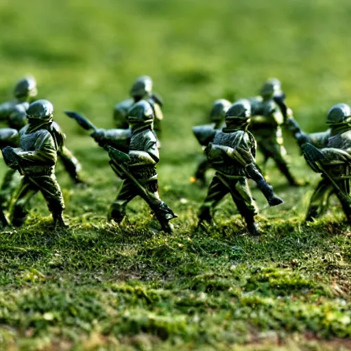 Prompt: 5 green plastic toy soldiers in a middle of a battle on a grassland. close up. DOF 100mm. F/1.8 45 45 degrees angle