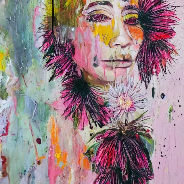 Image similar to “ a portrait in a female art student ’ s apartment, australian wildflowers, sensual, queer woman, flax, flannel flower, bottlebrush, eucalyptus, art supplies, a candle dripping white wax, clay, squashed berries, berry juice drips, acrylic and spray paint and oilstick on canvas, surrealism, neoexpressionism ”