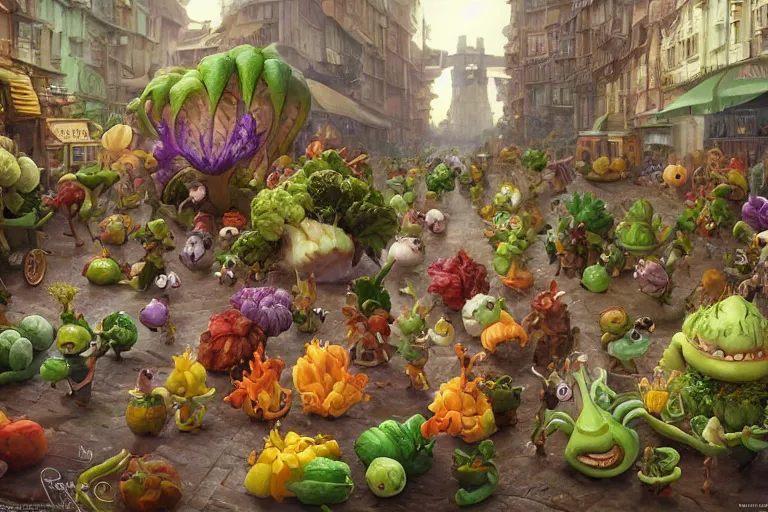 Image similar to miniature vegetable creatures parade. the floor is a cutting board. a kitchen in the background. digital art, realistic, pixar style, highly detailed, cinematic, matte painting, vivid colors, realistic, epic, low angle, lighting, by greg rutkowski and artgerm and alphonse mucha