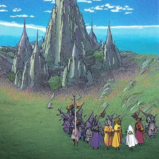 Image similar to “a battlefield, with knights and mages, fantasy, art by studio ghibli”