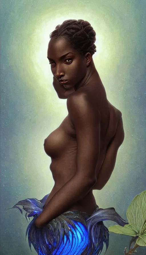 Image similar to Portrait of a beautiful dark skinned mermaid, mermaid, realistic, photo real, blue lighting, intricate, elegant, highly detailed, digital painting, artstation, smooth, sharp focus, illustration, art by artgerm and greg rutkowski and alphonse mucha and Wayne Barlowe and william-adolphe bouguereau