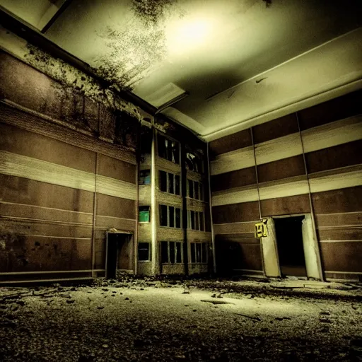 Image similar to An abandoned hospital at night, horror elements, dark ambiance, film grain, 4k.