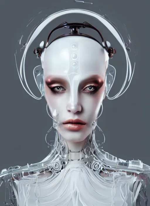 Prompt: a white cast futuristic biomechanical humanoid woman with pretty face, porcelain skin, ornate headpiece, futuristic digital painting, cyberpunk, 8 k,
