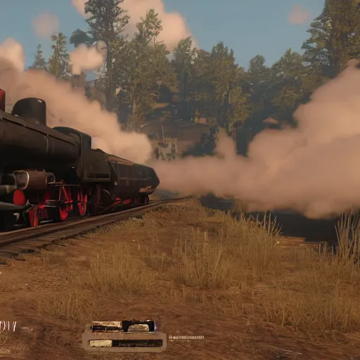 Image similar to futuristic sleek steam locomotive in red dead redemption 2