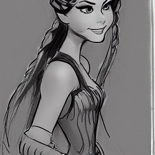 Image similar to milt kahl sketch of victoria justice with done up hair, tendrils and ponytail as princess padme from star wars episode 3