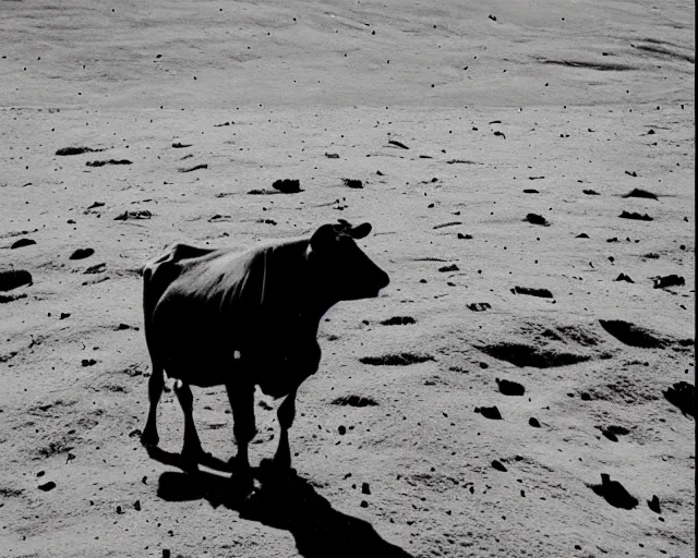 Prompt: a vintage photo of a cow on the moon, earth in distance