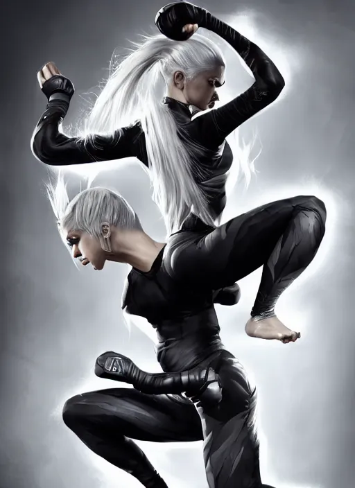 Image similar to a highly detailed illustration of fierce ponytail platinum blonde woman wearing black mma gear and gloves, dramatic powerful kicking pose, perfect face, fairly muscular, athletic, intricate, elegant, highly detailed, centered, digital painting, artstation, concept art, smooth, sharp focus, league of legends concept art, WLOP