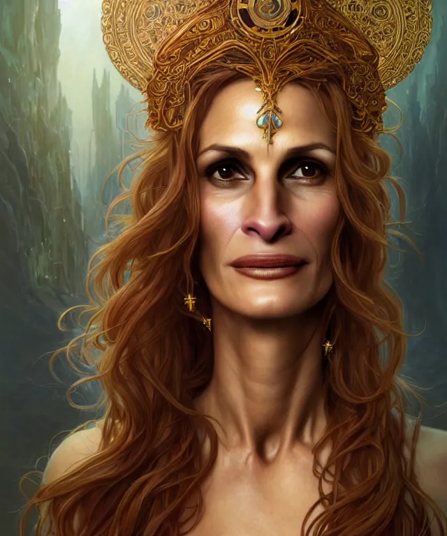 Image similar to Julia Roberts as a fantasy magic woman portrait, sci-fi, amber eyes, face, long hair, fantasy, intricate, elegant, highly detailed, digital painting, artstation, concept art, smooth, sharp focus, illustration, art by artgerm and greg rutkowski and alphonse mucha