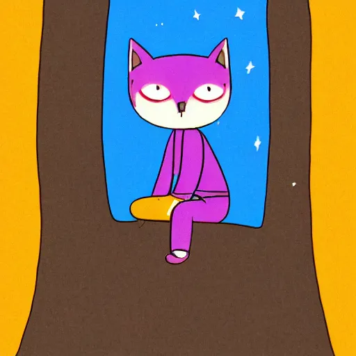 Prompt: mae from night in the woods, sitting on a tree stump in the forest at night, looking up, thinking