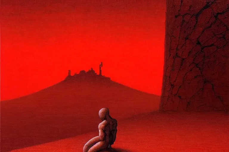 Image similar to only with red, a red shinigami eat apple, a city on mars in background, an ancient path, pathos, in the style of beksinski, part by hopper, part by rodcenko, part by hofbauer, intricate composition, red by caravaggio, insanely quality, highly detailed, masterpiece, red light, artstation