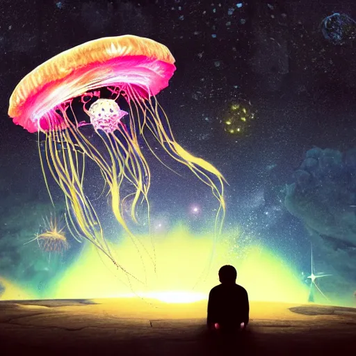 Image similar to over the shoulder photo of a man watching magic glowing jellyfish in glowing cosmic stardust, colorful stars, galaxies, space, award winning photo, intricate, high detail, atmospheric, desolate, artstation