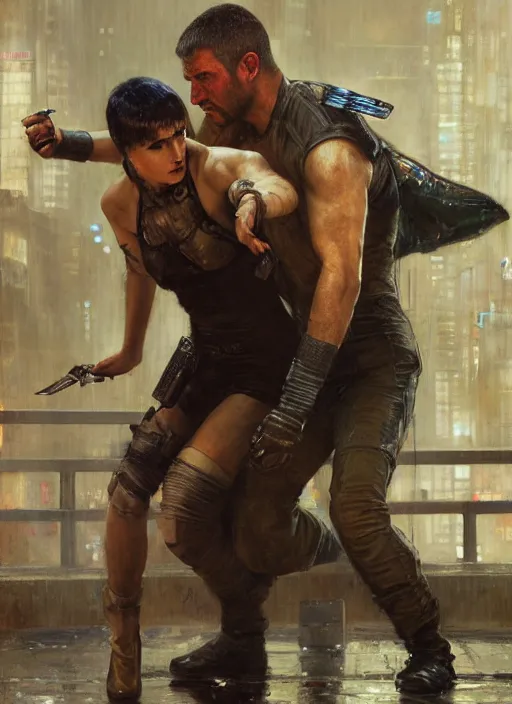 Prompt: blade runner fighting androids ( blade runner 2 0 4 9, cyberpunk 2 0 7 7 character design ). orientalist portrait by john william waterhouse and james gurney and theodore ralli and nasreddine dinet, oil on canvas. cinematic, hyper realism, realistic proportions, dramatic lighting, high detail 4 k