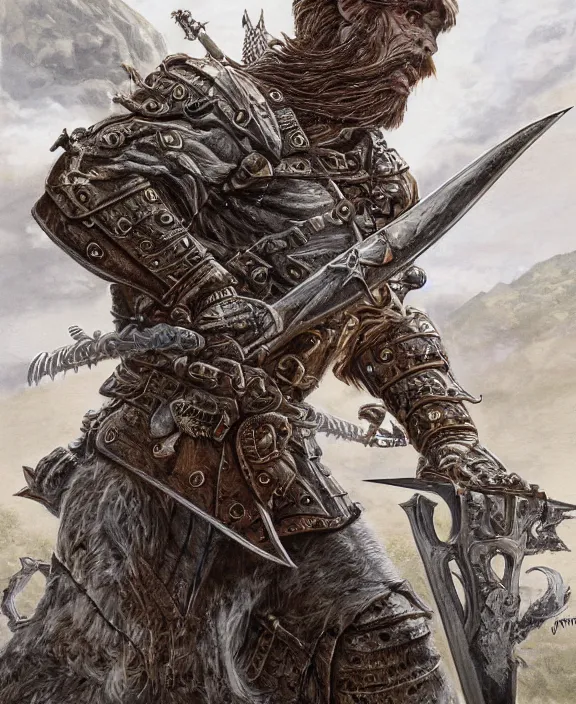 Image similar to battle - worn warrior with legendary sword, fantasy, man, cool armour, intricate, highly detailed, digital painting, artstation, concept art, wallpaper, smooth, sharp focus, illustration, art by larry elmore, jeff easley, clyde waldwell, keith parkinson, daniel r horne