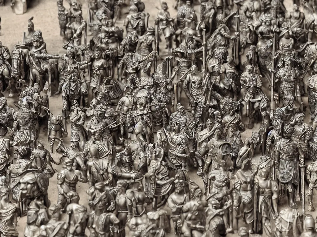 Prompt: Roman legions of Caesar parading in Rome, in the style of Jérôme Bosch, intricate details