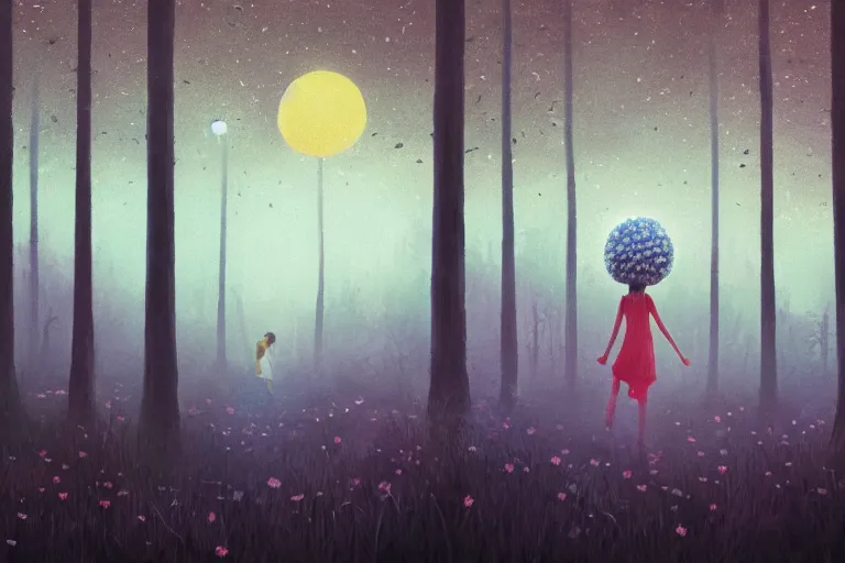 Image similar to giant daisy flower as head, girl walking in forest, surreal photography, dark night, stars, moon light, impressionist painting, clouds, digital painting, artstation, simon stalenhag