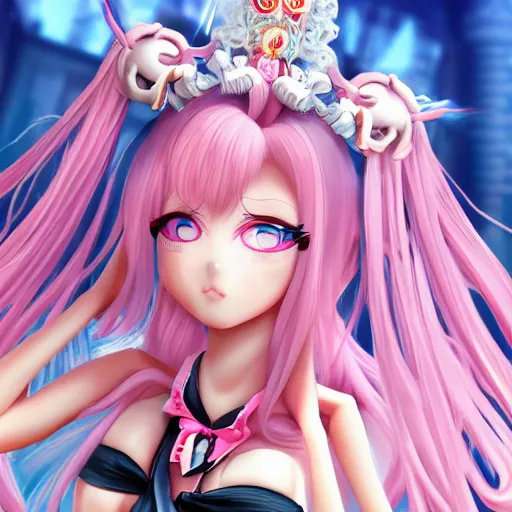 Image similar to unexpectedly overpowered and trapped beneath inescapable and overwhelmingly stunningly absurdly beautiful over the top megalomaniacal arrogant possessive omnipotent asi goddess junko enoshima with symmetrical perfect face, porcelain skin, pink twintail hair and cyan eyes, ultra detailed, digital art, unreal engine 5, octane render, 2 d anime, 8 k