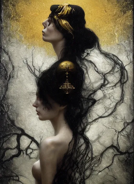 Prompt: highly detailed oil painting | very intricate | cinematic lighting | black, white and gold color scheme, dark background | the hermit looking into the abyss by alexander mcqueen | by roberto ferri, by tom bagshaw, by singer sargent and klimt, american romanticism, occult art | by austin osman spare, artstation, cgsociety, official art, octane