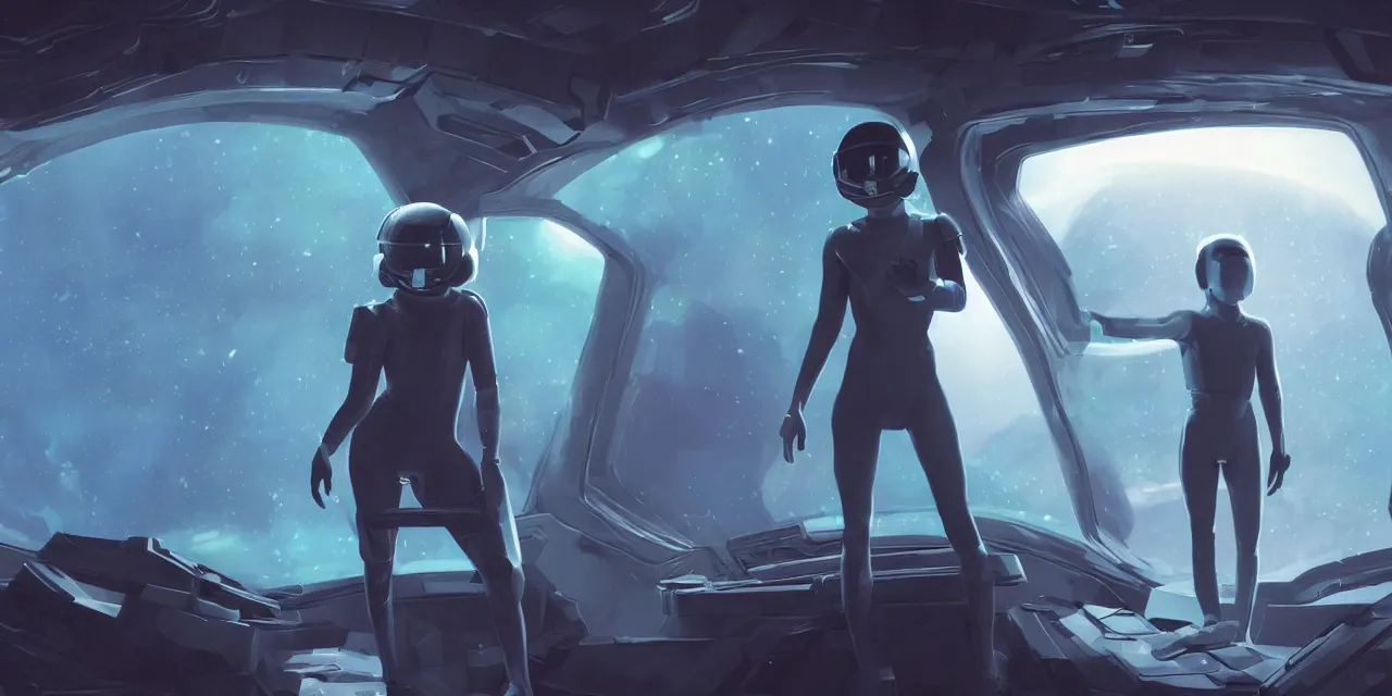 Image similar to Zoe Kravitz with short hair as a futuristic astronaut, outside large window of ship, helmet with HUD led lights, underwater in the ocean at night, dark water, volumetric lighting, glowing lights, 4k, octane, digital painting, artstation, concept art, sharp focus, illustration, cinematic film still, art by artgerm and greg rutkowski and alphonse mucha , wide angle view,