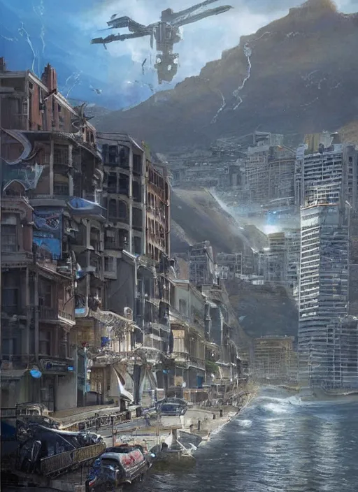 Image similar to hyper realistic robot attacking cape town city harbor beautiful details, strong composition, poster painted by weta studio rutkowski, james gurney and greg rutkowski, and lucasfilm