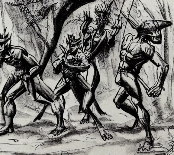 Image similar to four adventurers are chased through the woods, by a group of mantis men, pen and ink, by frank Frazetta