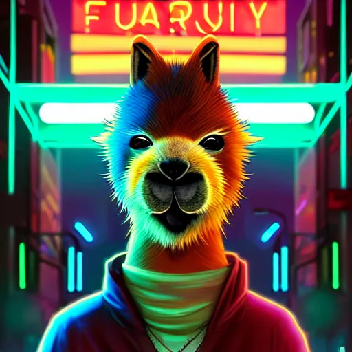 Image similar to beautiful furry digital art portrait commission of an androgynous furry anthro capybara fursona wearing punk clothes in the streets of a cyberpunk city. neon signs. character design by charlie bowater, ross tran, artgerm, and makoto shinkai