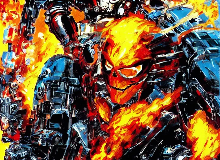 Image similar to marvel ghost rider, wearing futuristic cybernetic battle armor, riding a cyberpunk styled akira motorcycle, by ashley wood, yoji shinkawa, jamie hewlett, 6 0's french movie poster, french impressionism, vivid colors, palette knife and brush strokes