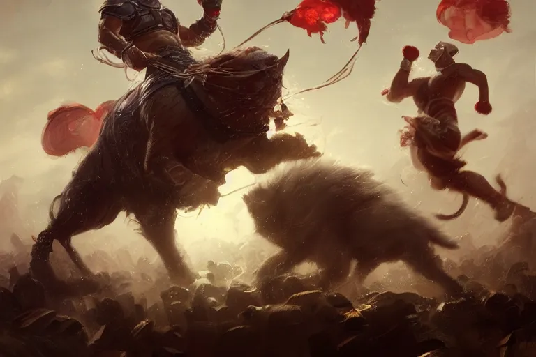 Prompt: a muscular tunisian man fighting a cat wearing crown, digital painting, volumetric light, intricate, sharp, focus, bloom, illustration, highly detailed, concept art, matte, ruan jia, randy vargas, greg rutkowski