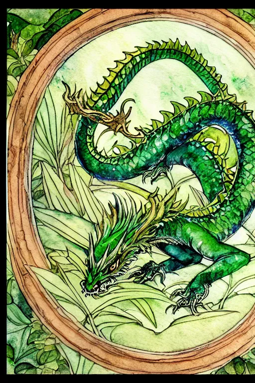 Image similar to green dragon watercolor painting in the center of a circular frame of leaves, art by walter crane and arthur rackham, illustration style, watercolor