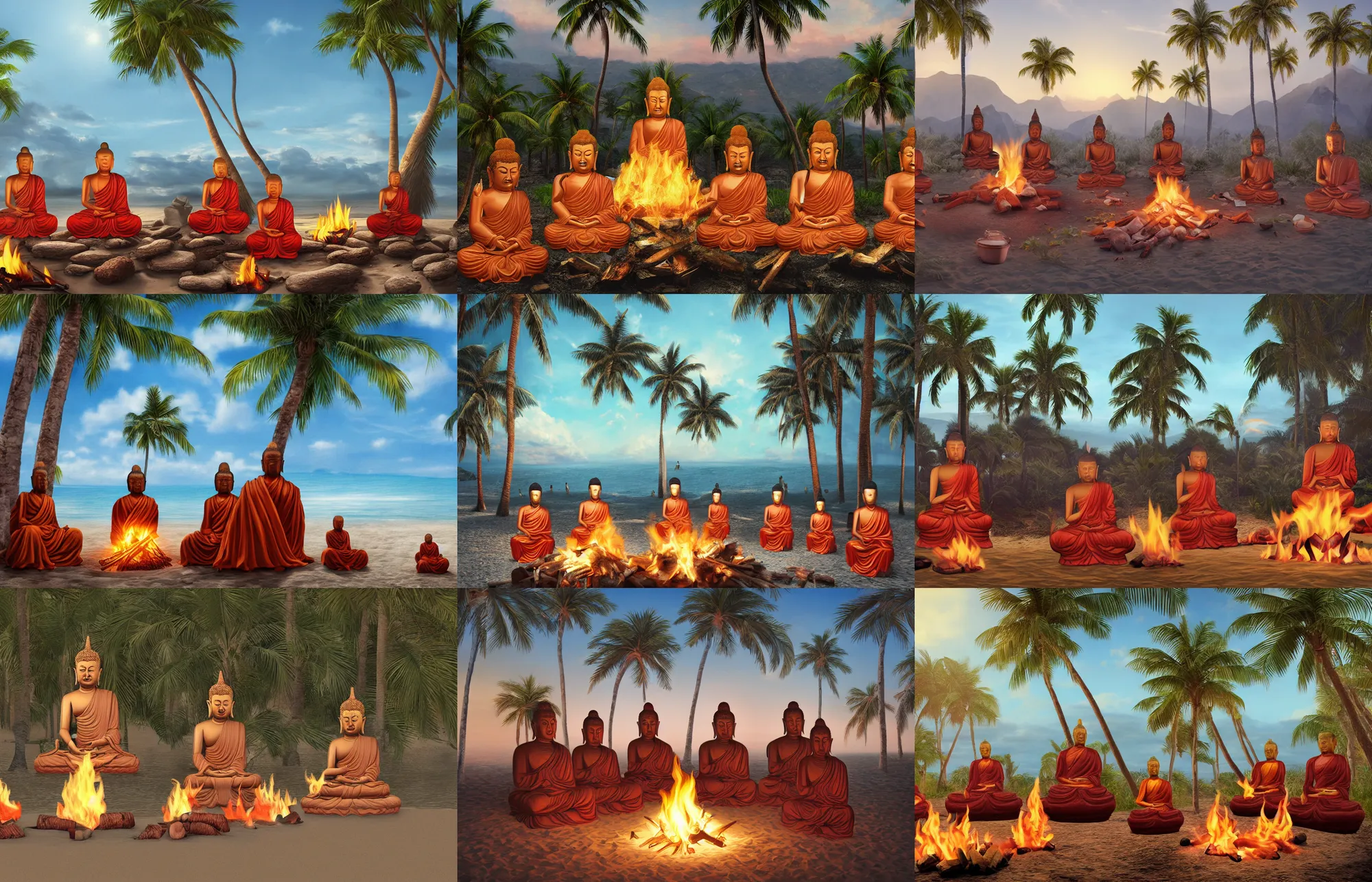 Prompt: photorealistic illustration of multiple buddhas sitting in around a campfire at the beach with palm trees in the back,, artstation, deviantart, cgsociety
