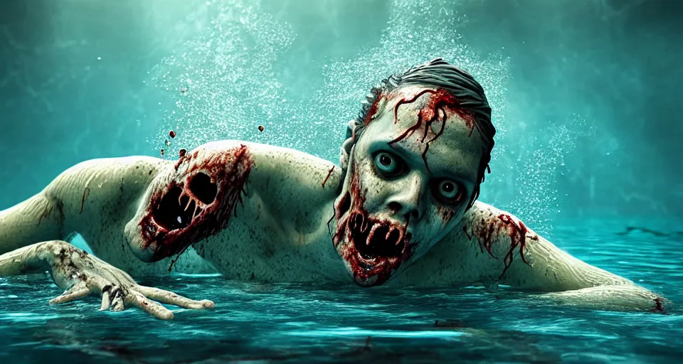 Image similar to highly detailed full body portrait of a zombie swimming underwater in a zombie - apocalypse, in a swimming pool, by stephen bliss, octane render