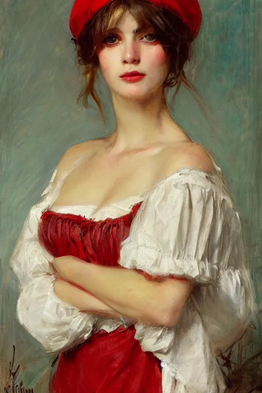 Image similar to Solomon Joseph Solomon and Richard Schmid and Jeremy Lipking victorian genre painting full length portrait painting of a young beautiful woman traditional german french pirate wench in fantasy costume, red background