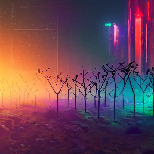 Prompt: cyber garden flower at the desert landscape at the night highly detailed, volumetric lighting, sharp focus, in cyberpunk aesthetic, digital painting