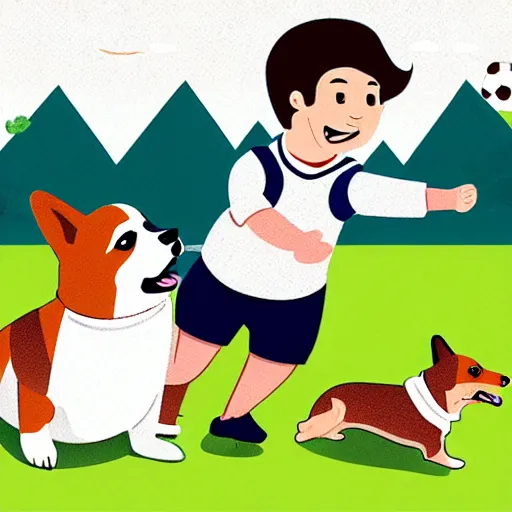 Image similar to illustration of french boy in paris playing football against a corgi who is wearing a polka dot scarf